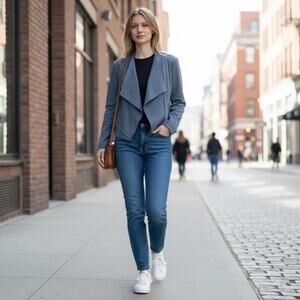 WHITE HOUSE BLACK MARKET Faux Suede Waterfall Lapel Jacket Blue Size S New